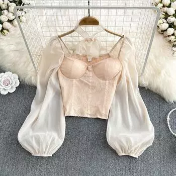 RUGOD 2022, весенняя французская ретро рубашка с квадратным вырезом и короткими шикарными кружевными рукавами без бретелек, женский топ в западном стиле One Size бежевый