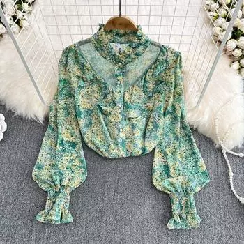 RUGOD 2022, весенняя модная сетчатая шифоновая рубашка с воротником-стойкой и воланами, женская свободная рубашка с длинными рукавами в иностранном стиле