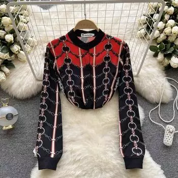 RUGOD 2022, весенняя новая футболка в иностранном стиле с небольшим воротником-стойкой и длинными рукавами в европейском и американском стиле, тонкая рубашка с принтом на дне