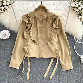 RUGOD 2022, весенняя новая однотонная свободная плиссированная рубашка с длинными рукавами и воротником-стойкой, женский белый топ в иностранном стиле