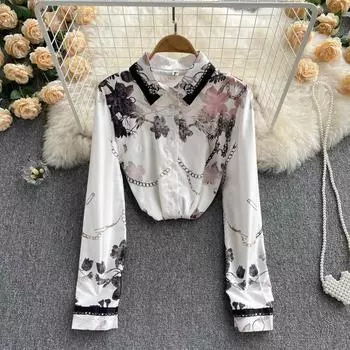 RUGOD 2022, весенняя новая рубашка в корейском стиле в этническом стиле с универсальным принтом, длинными рукавами и галстуком-бабочкой, рубашка с длинными рукавами, женский топ