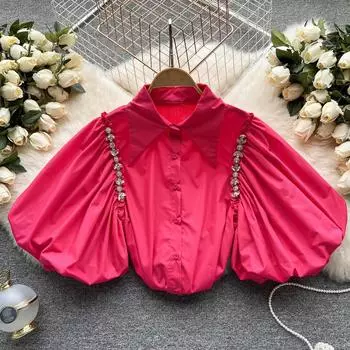 RUGOD 2022, весенняя новая рубашка во французском ретро-западном стиле для тяжелой промышленности, женская рубашка с ромбовидными заклепками, тонкий топ с короткими рукавами и пышными рукавами