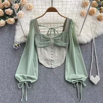 RUGOD 2022, весенняя новая рубашка во французском стиле с квадратным вырезом, лямкой на шее, рукавом-фонариком и длинными рукавами, топ в французском стиле ретро