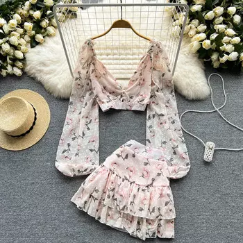 RUGOD 2022, весенняя новая женская темпераментная короткая шифоновая юбка с глубоким v-образным вырезом и длинными рукавами, плиссированная юбка, комплект из двух предметов