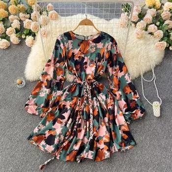 RUGOD 2022 весенняя одежда, новый стиль, с объемными рукавами на талии, тонкое бандажное платье с цветочным принтом, женское милое платье трапециевидной формы, платье принцессы