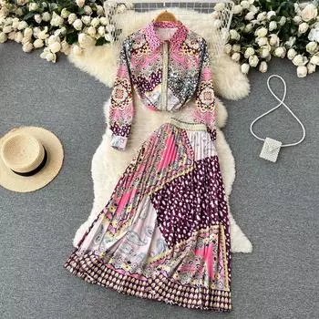 RUGOD 2022, весна и лето, новая белая рубашка с длинными рукавами и лацканами контрастного цвета, плиссированная юбка выше колена с высокой талией, костюм-двойка