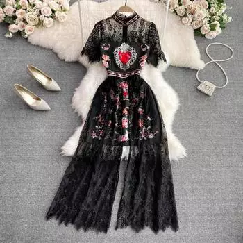 RUGOD 2022, высококачественное кружевное платье с принтом, темпераментное, тонкое, средней длины, с воротником-стойкой и пышными рукавами