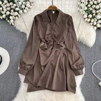 RUGOD 2022 женское осеннее новое платье-поло с воротником-поло, длинными рукавами и талией, утягивающее плиссированное платье трапециевидной формы нерегулярной формы