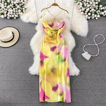 RUGOD 2022 женское осеннее сексуальное длинное платье на бретельках с открытой спиной для морского курорта атласное платье с принтом тай-дай