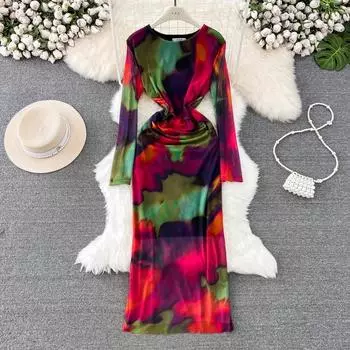 RUGOD эластичное облегающее платье с пятиточечным рукавом и воротником-стойкой, осеннее новое модное тонкое платье с разрезом и сумкой на бедрах One Size