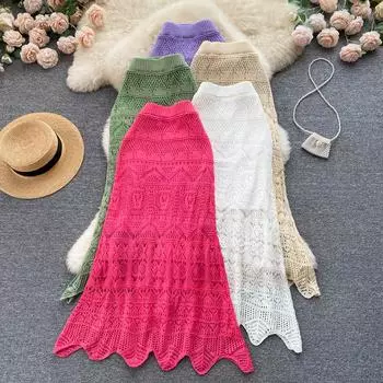 RUGOD элегантная темпераментная винтажная женская длинная юбка с высокой талией, тонкие полые супер сказочные юбки «рыбий хвост» для женщин One Size бежевый