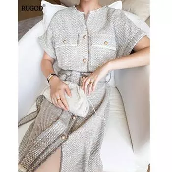 RUGOD элегантное офисное женское платье, женское модное трикотажное платье с поясом и короткими рукавами, лето 2022, однобортное платье миди, Vestidos One Size серый