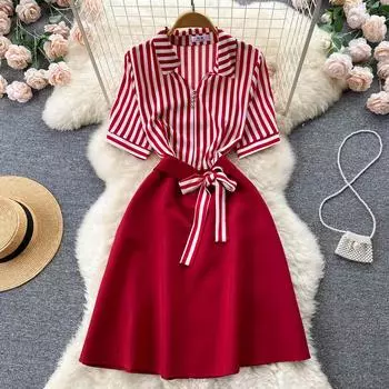 RUGOD элегантное темпераментное полосатое платье с короткими рукавами и лацканами, женское летнее новое универсальное платье трапециевидной формы с талией One Size чёрный