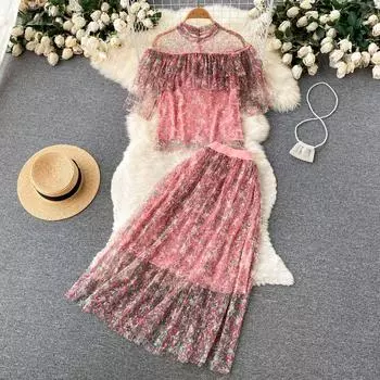 RUGOD, элегантный темпераментный костюм с сетчатым принтом, женский летний новый милый костюм из двух предметов