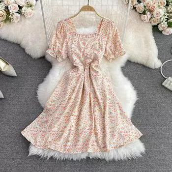 RUGOD Bellflower First Love Цветочное платье Лето во французском стиле с квадратным вырезом и пышными рукавами на талии Тонкое шифоновое платье трапециевидной формы