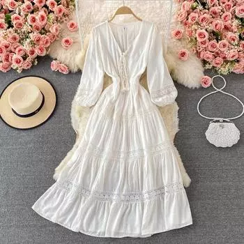 RUGOD Белое платье с v-образным вырезом Летнее сказочное платье Морское праздничное платье Санья Дорожное платье Супер сказочное пляжное платье