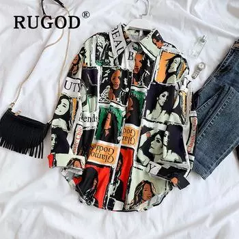 RUGOD BF Портретная блузка с красивым узором, женская рубашка с воротником-стойкой и длинными рукавами, повседневные шифоновые топы