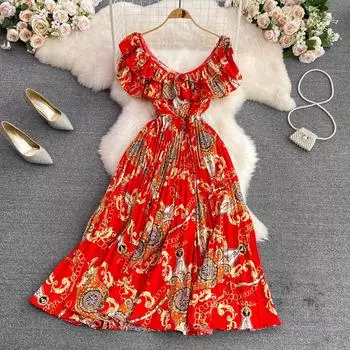 RUGOD Богемное большое распашное платье для отдыха на море, пляжное платье с v-образным вырезом и плиссированной талией, летнее платье