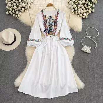 RUGOD богемное платье трапециевидной формы из хлопка и льна с вышивкой в этническом стиле с круглым вырезом и длинным платьем для морского отдыха One Size синий