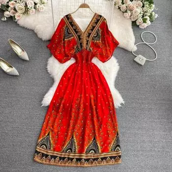 RUGOD богемное пляжное платье для отдыха на море в этническом стиле, модное большое свободное платье трапециевидной формы с v-образным вырезом и рукавами «летучая мышь», лето 2022