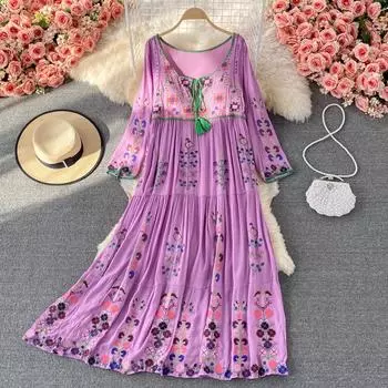 RUGOD Богемное праздничное большое свободное платье в этническом стиле из хлопка и льна с вышитыми цветами и круглым вырезом с завязками, свободное песочное платье-катастрофа