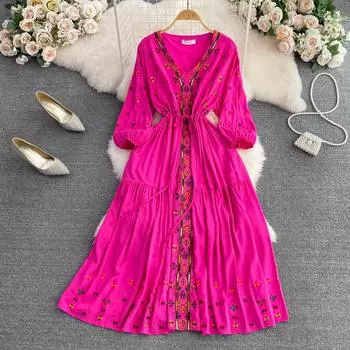 RUGOD богемное ретро этническое стильное винтажное длинное платье с вышивкой и пышными рукавами с v-образным вырезом и галстуком с тонкой талией пляжное праздничное распашное платье Vestidos One Size бежевый