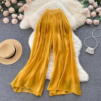 RUGOD брюки с эластичной резинкой на талии, женские летние 2022, новые золотые драпированные прямые брюки с высокой талией, свободные прямые повседневные брюки