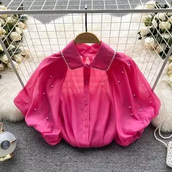 RUGOD Bubble, французская шифоновая рубашка с короткими рукавами, женская корейская новинка 2022 года, летний свободный модный топ с лацканами из бисера One Size синий