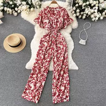 RUGOD цельные брюки с цветочным принтом и пышными рукавами, женские осенние свободные широкие брюки с новой талией One Size