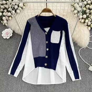 RUGOD Chompas Para Muje контрастного цвета, свитер с v-образным вырезом, женский осенне-зимний новый дизайн, свободный свитер нестандартной формы, кардиган