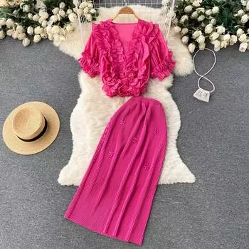 RUGOD Design Sense модный костюм женский летний лист лотоса с v-образным вырезом, короткий универсальный топ с высокой талией, плиссированная юбка