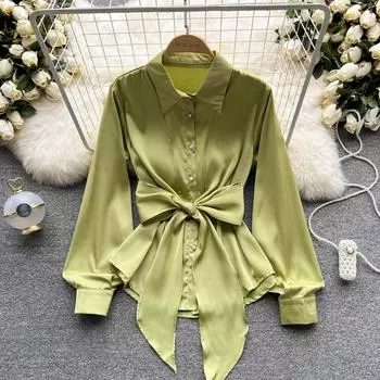 RUGOD Design Sense Niche Light Роскошная атласная рубашка средней длины с галстуком-бабочкой, женская тонкая рубашка с лацканами и длинными рукавами