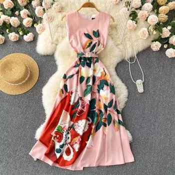 RUGOD Design Sense Нишевое платье без рукавов с французским ретро-романтическим принтом на талии, женское платье трапециевидной формы с высокой талией, платье принцессы феи S розовый