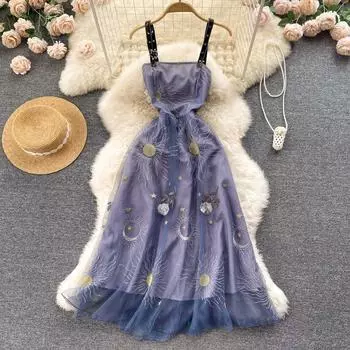 RUGOD Design Sense Нишевое платье в западном стиле с вышивкой и сетчатой вышивкой, французское ретро платье на подтяжках, женское большое свободное платье