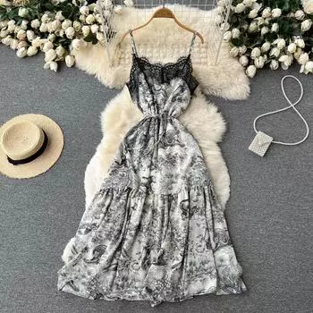 RUGOD Design Sense Printing Нишевое платье на подтяжках женское платье без рукавов 2022 летнее новое платье с v-образным вырезом на подтяжках Темпераментное длинное платье