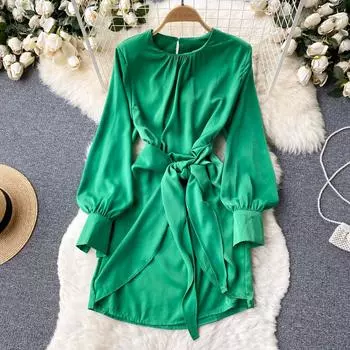 RUGOD Design Sense Temperament Французское плиссированное свободное кружевное платье трапециевидной формы с длинными рукавами и длинными рукавами на талии для женщин