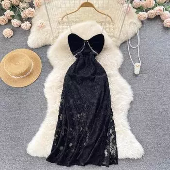 RUGOD Design Sense, тонкое и тонкое кружевное платье с бархатной цепочкой и тонким разрезом, сексуальное платье на подтяжках, женское, лето 2022 г.