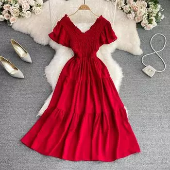 RUGOD Длинное платье для перерыва на чай Французская первая любовь Нежный ветер Высококачественное плиссированное платье с V-образным вырезом и короткими рукавами на талии и тонкое свободное платье А-силуэта One Size чёрный