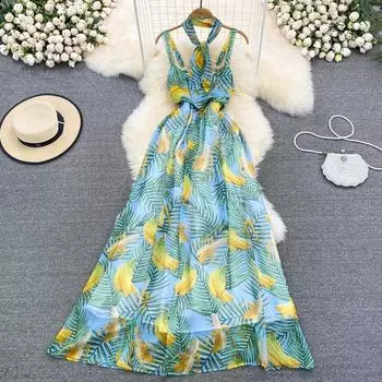 RUGOD Длинное платье на бретельках для отдыха на море, летнее модное платье трапециевидной формы с высокой талией и принтом без рукавов