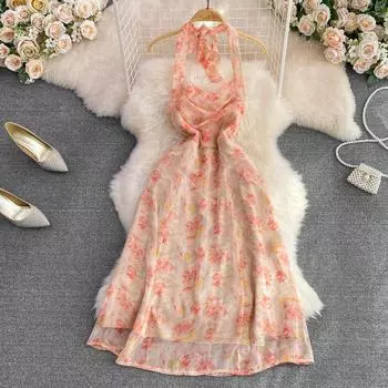 RUGOD Длинное платье с бретелькой на шее и подтяжками в стиле ретро, тонкое платье с цветочным принтом на талии для отдыха на море