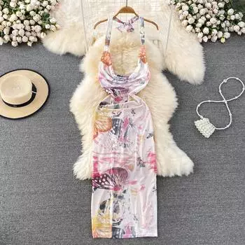 RUGOD Длинное платье с открытой спиной и бретелькой на шее, морское праздничное пляжное платье, модное платье трапециевидной формы с принтом на талии