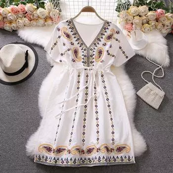 RUGOD дорожная одежда, женское летнее платье с этнической вышивкой в стиле ретро, праздничное пляжное платье, новинка 2022 года One Size синий