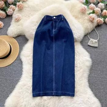 RUGOD Джинсовая юбка средней длины, женская с разрезом сзади, лето 2022, новая корейская универсальная юбка трапециевидной формы с высокой талией, длинная юбка S синий