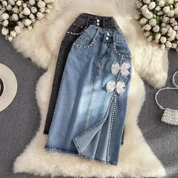 RUGOD Джинсовая юбка женская, новинка лета 2022 г., новинка средней длины с высокой талией, прикрывающая промежность, чтобы показать тонкую юбку трапециевидной формы с разрезом из бисера S чёрный