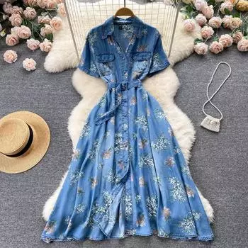 RUGOD Джинсовое платье, лето 2022, новое талии и тонкое длинное платье с цветочным принтом, ретро, французское, уменьшающее возраст платье