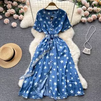 RUGOD Джинсовое платье с принтом в стиле ретро, женское однобортное однобортное платье с v-образным вырезом и шнуровкой на талии, тонкое, большое, свободное, длинное платье