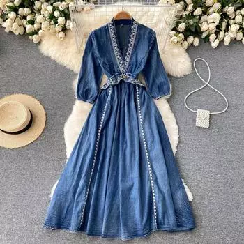 RUGOD джинсовое платье с вышивкой в этническом стиле для тяжелой промышленности, осень-зима, новый стиль, длинное платье выше колена длиной до талии M синий