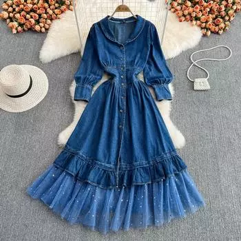RUGOD Джинсовое платье в стиле ретро, новое зимнее платье с длинными рукавами и завязками на талии, тонкое и большое свободное платье с рюшами M синий