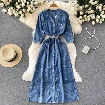 RUGOD Джинсовое платье женское ретро-дизайн с принтом Sense Niche Light Знакомый стиль с v-образным вырезом на талии, утягивающее темпераментное длинное платье M синий