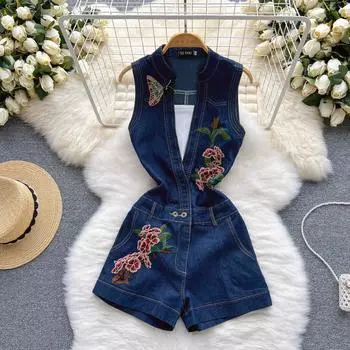 RUGOD Джинсовый комбинезон женский с высокой талией без рукавов темпераментный комбинезон с вышивкой камзол S синий